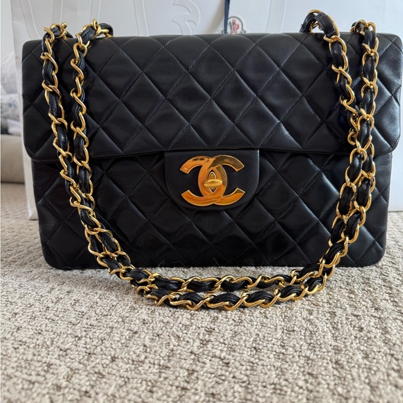 Vintage Black Jumbo Chanel Classic Flap Lambskin with 24K Gold Hardware - Picture 1 of 14
